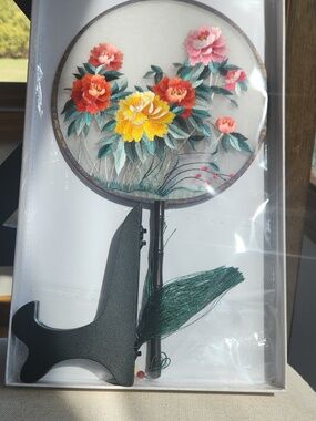 Handmade Silk Embroidered Floral  Round Fan